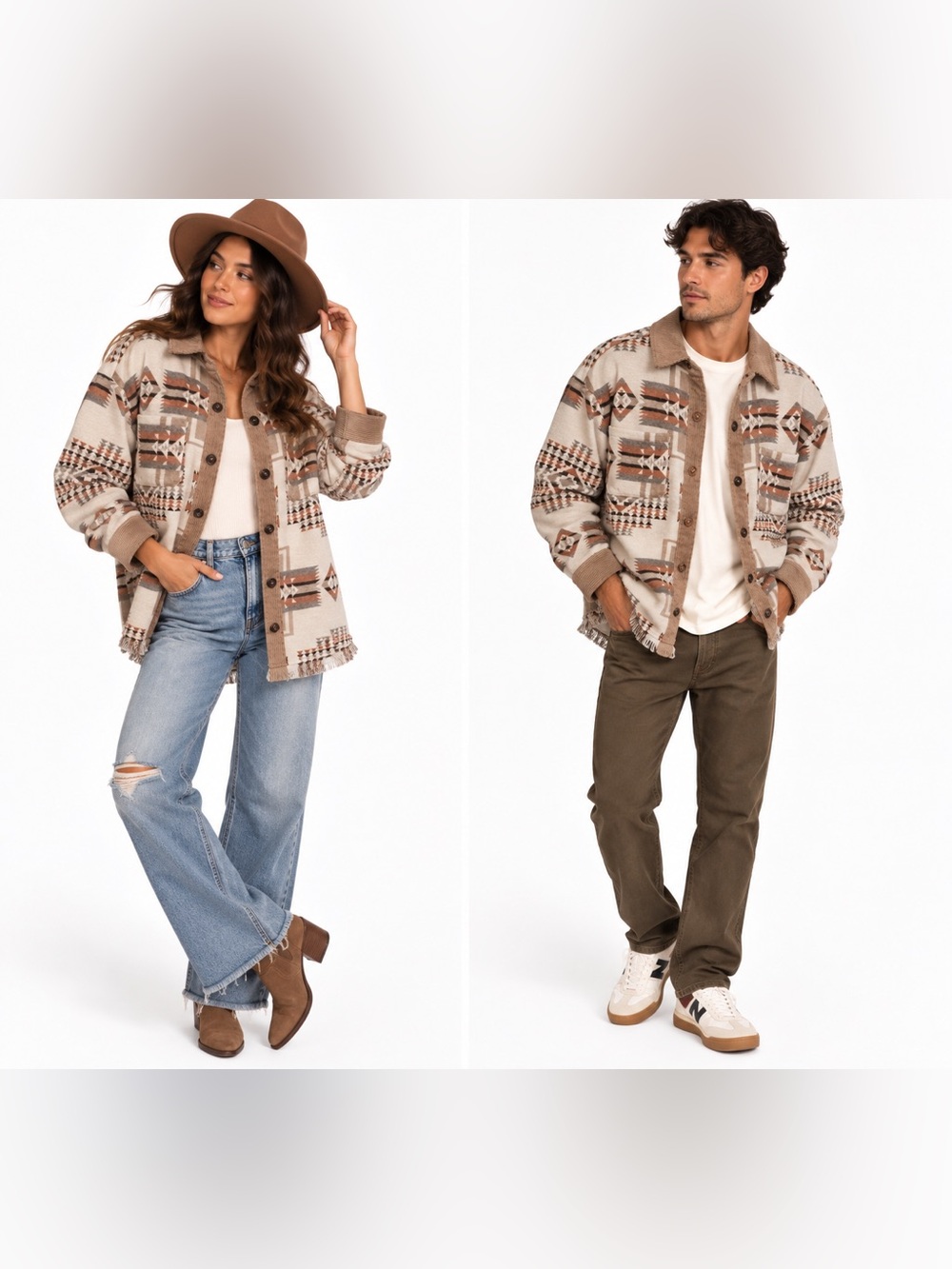 Woman’s Unisex Aztec Pattern Shacket Jacket - Brown & Cream